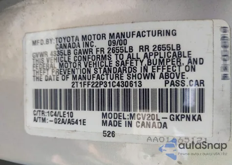 2001 Toyota Camry Solara Sle V6 z USA, uszkodzony, nr VIN 2T1FF22P31C430613